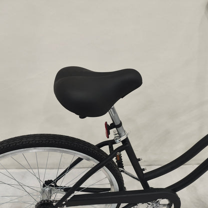 Side view of Deviant 26" beach cruiser bicycle in matte black

Close-up of comfort seat and handlebar grips

Rear coaster brake and single-speed drivetrain

Full assembled view of the Deviant black cruiser bike

Cruiser bike parked on a path at sunset
