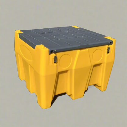 500L yellow diesel fuel tank with lockable cap and hose

Fuel transfer tank with 12V pump and nozzle

Portable polyethylene diesel tank for industrial use

Yellow fuel tank with transfer system and fittings