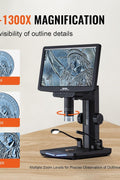 Digital Microscope with 10.1-inch HD IPS screen and adjustable stand

1300X magnification digital microscope showing coin detail
HD microscope connected to laptop via USB
Digital microscope for circuit board inspection
Microscope accessories including remote control and SD card