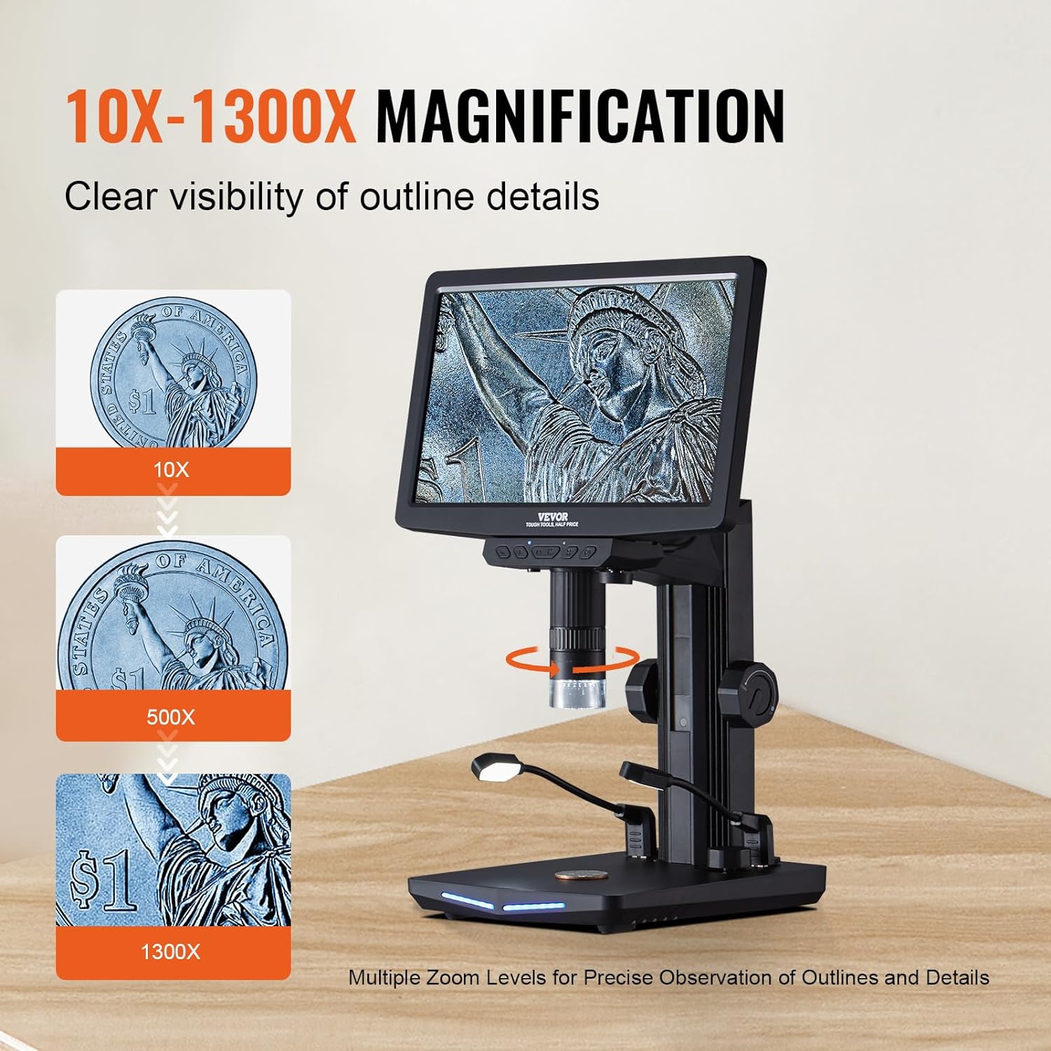 Digital Microscope with 10.1-inch HD IPS screen and adjustable stand

1300X magnification digital microscope showing coin detail
HD microscope connected to laptop via USB
Digital microscope for circuit board inspection
Microscope accessories including remote control and SD card