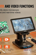 Digital Microscope with 10.1-inch HD IPS screen and adjustable stand

1300X magnification digital microscope showing coin detail
HD microscope connected to laptop via USB
Digital microscope for circuit board inspection
Microscope accessories including remote control and SD card