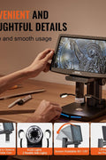 Digital Microscope with 10.1-inch HD IPS screen and adjustable stand

1300X magnification digital microscope showing coin detail
HD microscope connected to laptop via USB
Digital microscope for circuit board inspection
Microscope accessories including remote control and SD card