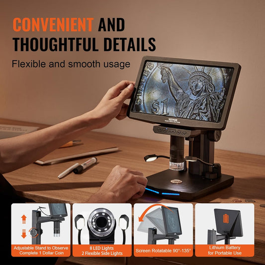 Digital Microscope with 10.1-inch HD IPS screen and adjustable stand

1300X magnification digital microscope showing coin detail
HD microscope connected to laptop via USB
Digital microscope for circuit board inspection
Microscope accessories including remote control and SD card