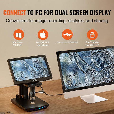 Digital Microscope with 10.1-inch HD IPS screen and adjustable stand

1300X magnification digital microscope showing coin detail
HD microscope connected to laptop via USB
Digital microscope for circuit board inspection
Microscope accessories including remote control and SD card