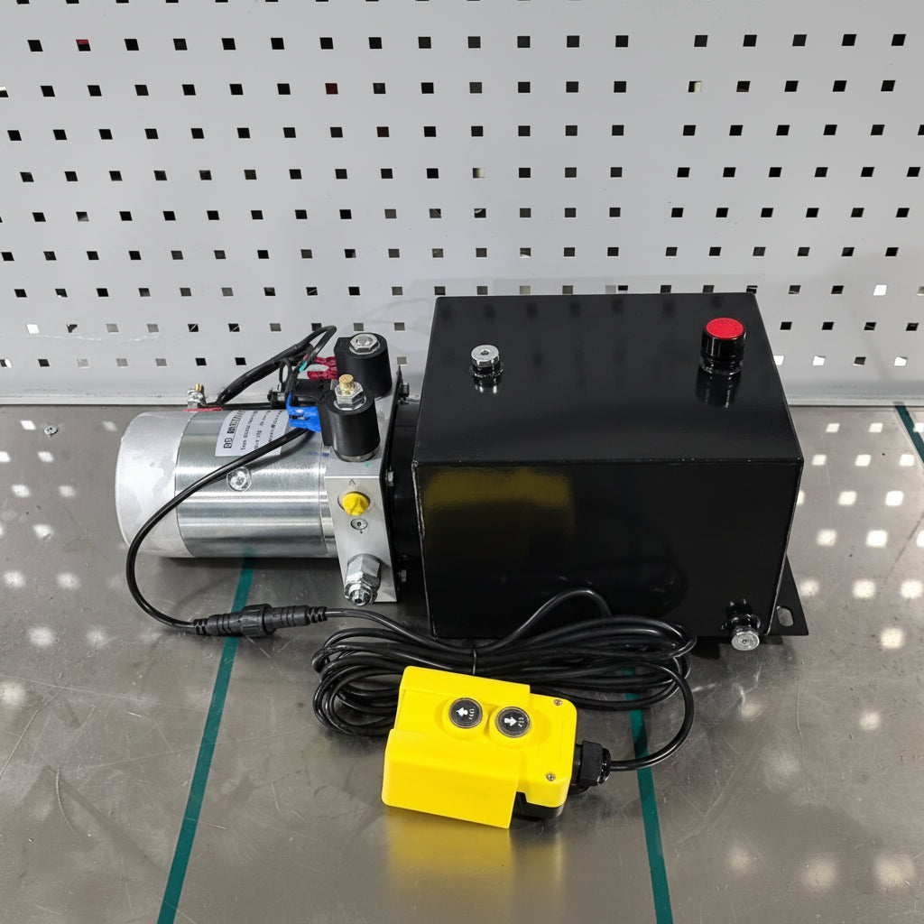 “12V double acting hydraulic pump with 8 quart reservoir”

“Trailer lift hydraulic power unit with remote pendant”

“Heavy-duty hydraulic hoist pump – 6 quart tank variant”