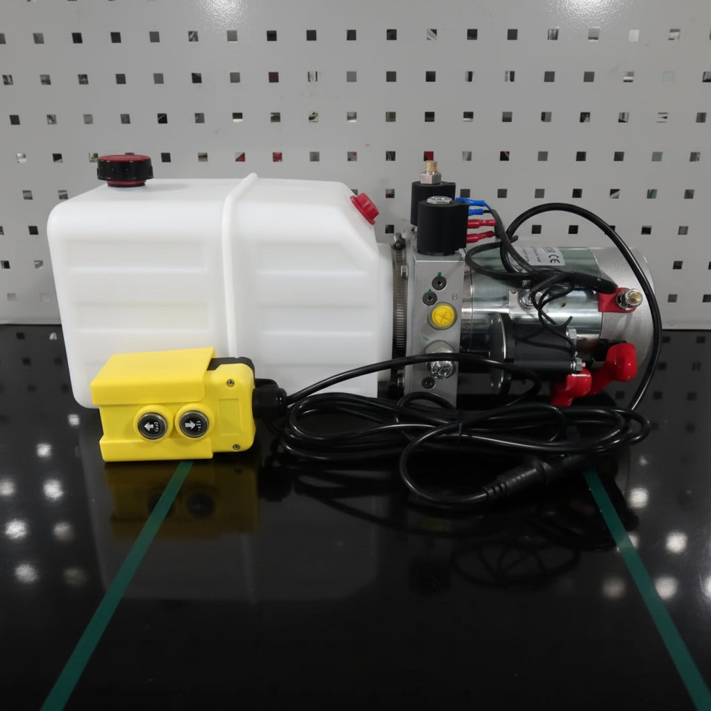 “12V double acting hydraulic pump with 8 quart reservoir”

“Trailer lift hydraulic power unit with remote pendant”

“Heavy-duty hydraulic hoist pump – 6 quart tank variant”