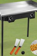 Double burner flat top propane griddle with folding legs
Stainless steel outdoor grill for camping and BBQ
Side view of portable propane camp stove with handles
32x17 inch flat top grill cooking surface