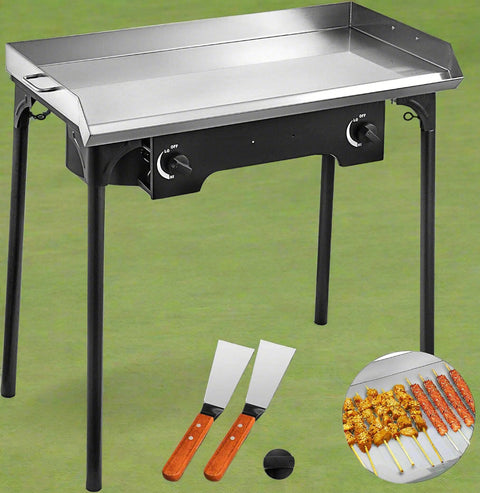 Double burner flat top propane griddle with folding legs
Stainless steel outdoor grill for camping and BBQ
Side view of portable propane camp stove with handles
32x17 inch flat top grill cooking surface
