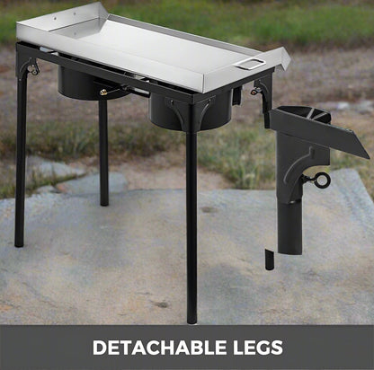 Double burner flat top propane griddle with folding legs
Stainless steel outdoor grill for camping and BBQ
Side view of portable propane camp stove with handles
32x17 inch flat top grill cooking surface