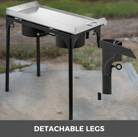 Double burner flat top propane griddle with folding legs
Stainless steel outdoor grill for camping and BBQ
Side view of portable propane camp stove with handles
32x17 inch flat top grill cooking surface