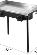 Double burner flat top propane griddle with folding legs
Stainless steel outdoor grill for camping and BBQ
Side view of portable propane camp stove with handles
32x17 inch flat top grill cooking surface