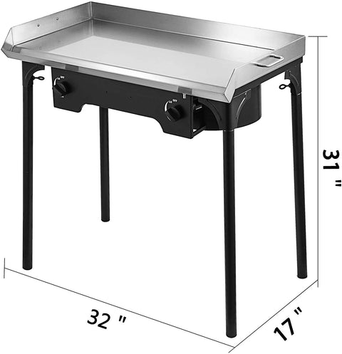 Double burner flat top propane griddle with folding legs
Stainless steel outdoor grill for camping and BBQ
Side view of portable propane camp stove with handles
32x17 inch flat top grill cooking surface