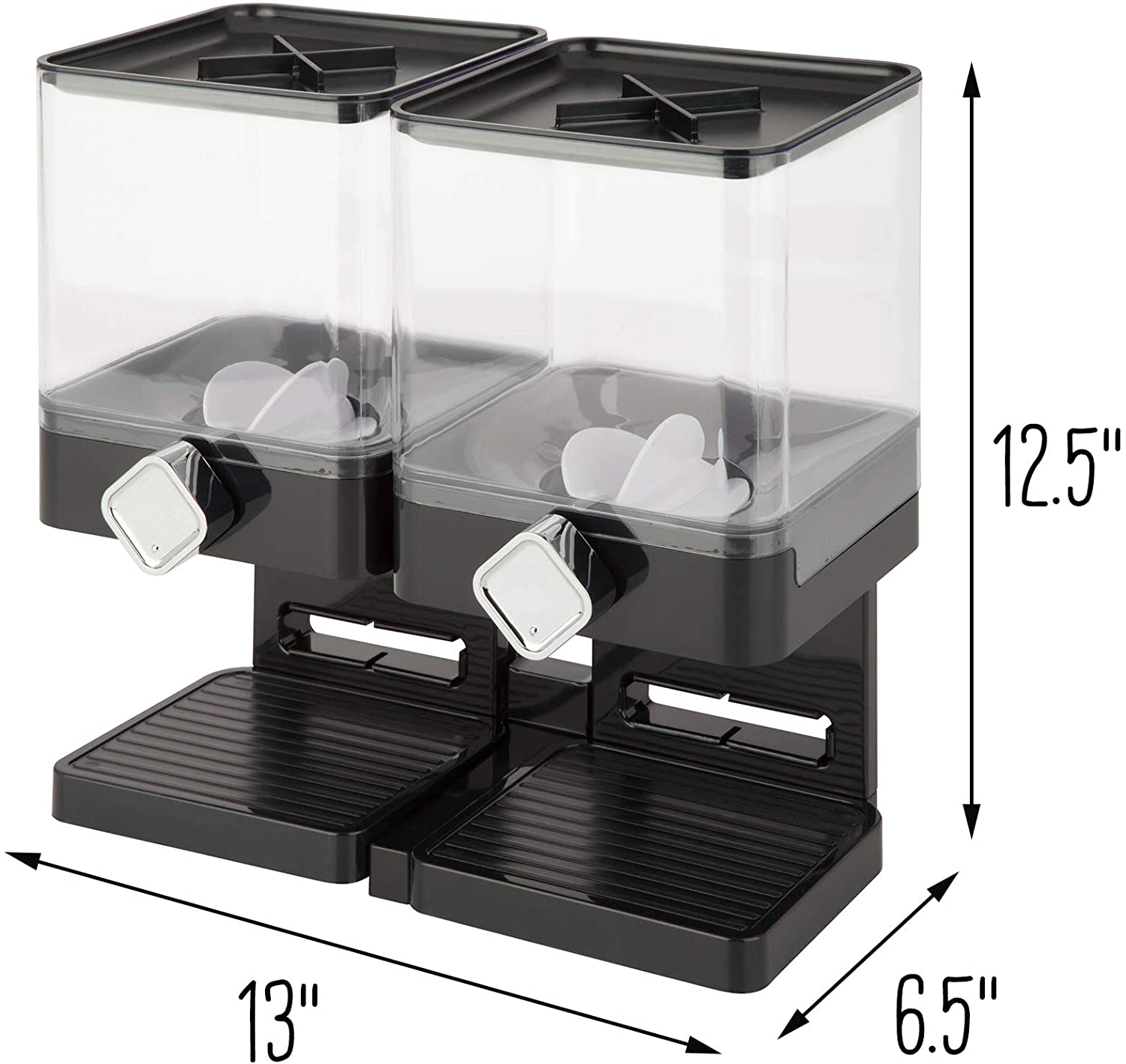 Double cereal dispenser with airtight lids and portion control knobs – countertop dry food storage container