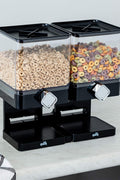 Double cereal dispenser with airtight lids and portion control knobs – countertop dry food storage container