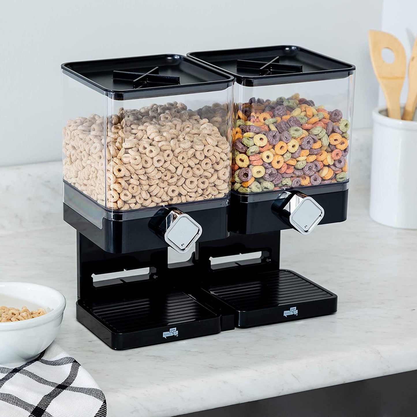 Double cereal dispenser with airtight lids and portion control knobs – countertop dry food storage container