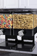 Double cereal dispenser with airtight lids and portion control knobs – countertop dry food storage container