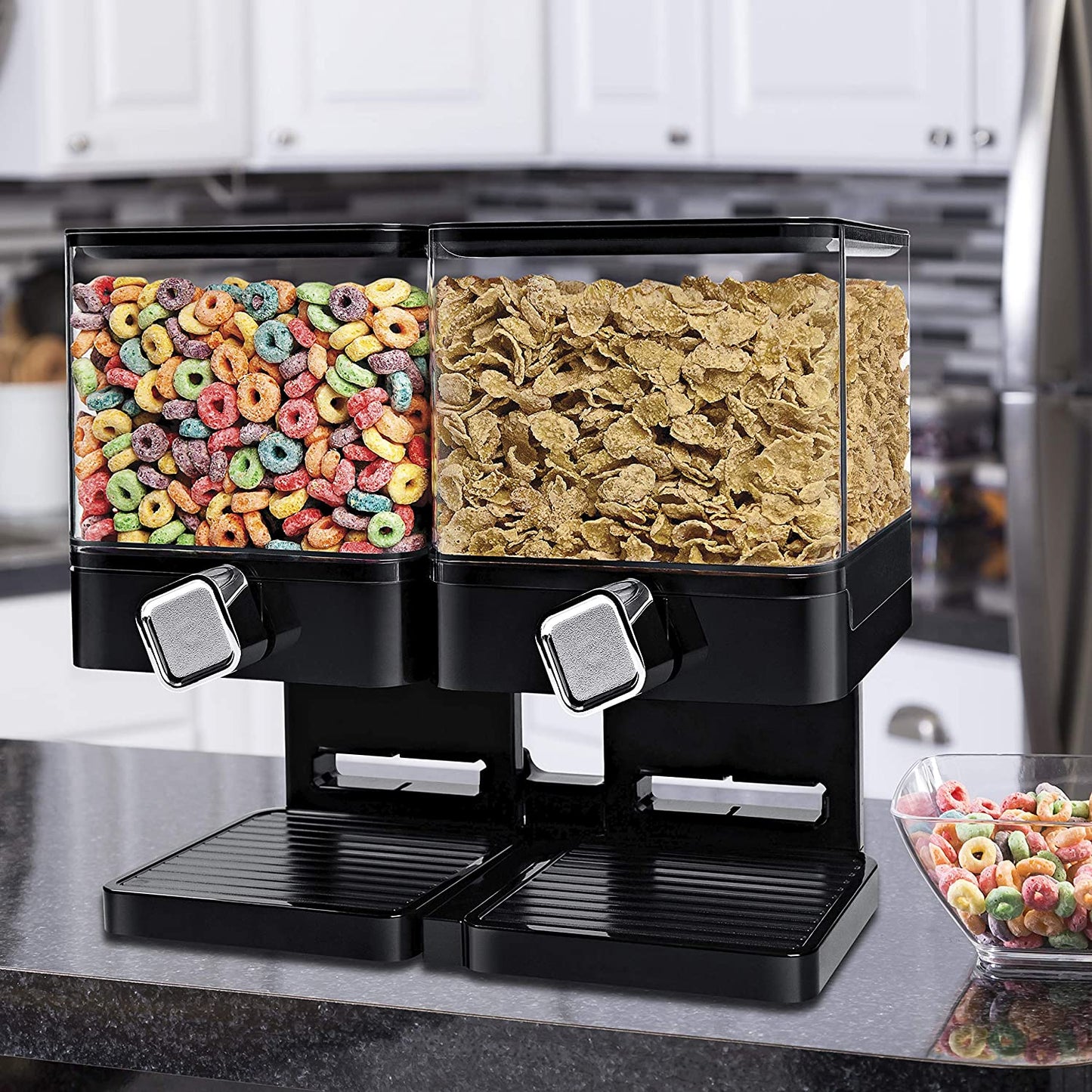 Double cereal dispenser with airtight lids and portion control knobs – countertop dry food storage container