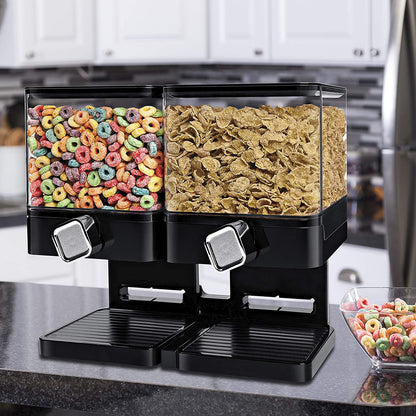 Double cereal dispenser with airtight lids and portion control knobs – countertop dry food storage container