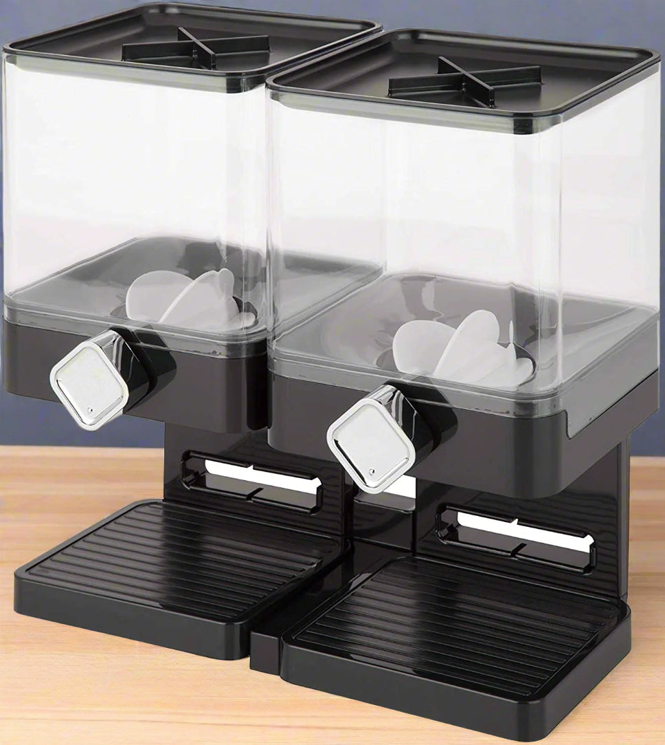 Double cereal dispenser with airtight lids and portion control knobs – countertop dry food storage container