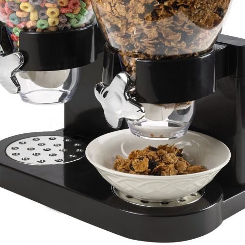Double cereal dispenser with airtight lids and portion control knobs – countertop dry food storage container