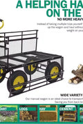 Double-layered heavy-duty folding garden cart with 15-inch tires
1100 lb capacity utility cart with removable side panels
Folding steel garden cart for landscaping and warehouse use
Rugged off-road yard cart with 180-degree rotating handle