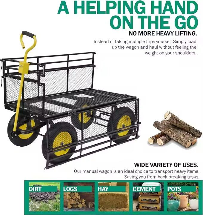 Double-layered heavy-duty folding garden cart with 15-inch tires
1100 lb capacity utility cart with removable side panels
Folding steel garden cart for landscaping and warehouse use
Rugged off-road yard cart with 180-degree rotating handle