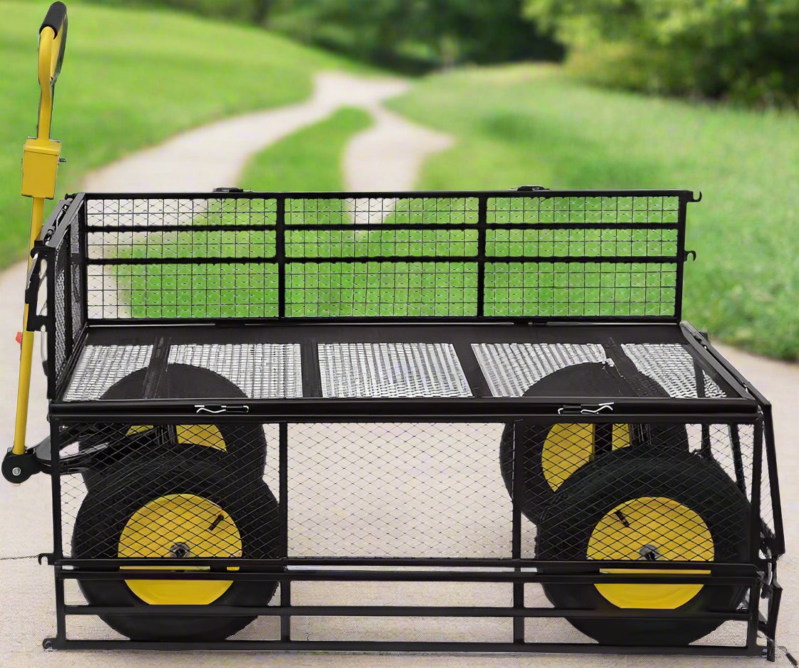 Double-layered heavy-duty folding garden cart with 15-inch tires
1100 lb capacity utility cart with removable side panels
Folding steel garden cart for landscaping and warehouse use
Rugged off-road yard cart with 180-degree rotating handle