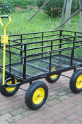 Double-layered heavy-duty folding garden cart with 15-inch tires
1100 lb capacity utility cart with removable side panels
Folding steel garden cart for landscaping and warehouse use
Rugged off-road yard cart with 180-degree rotating handle
