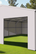 Double steel garage with roll-up doors, outdoor view

Interior view of metal garage barn frame

Roll-up electric overhead doors included in garage

Galvanized steel shed for vehicle and farm storage

Multiple-size all-weather garage options