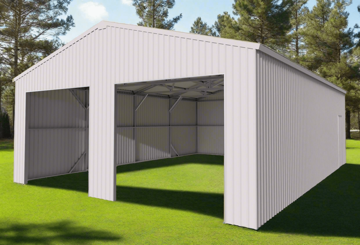 Double steel garage with roll-up doors, outdoor view

Interior view of metal garage barn frame

Roll-up electric overhead doors included in garage

Galvanized steel shed for vehicle and farm storage

Multiple-size all-weather garage options