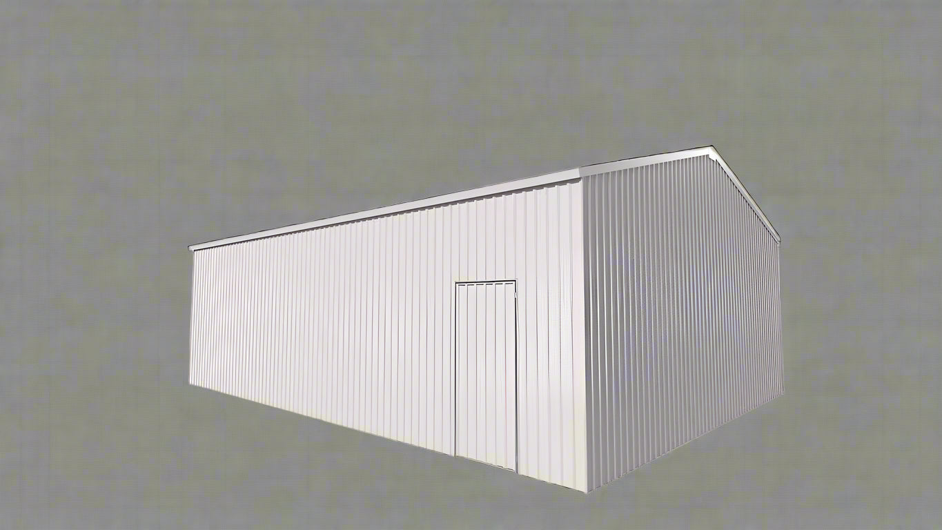 Double steel garage with roll-up doors, outdoor view

Interior view of metal garage barn frame

Roll-up electric overhead doors included in garage

Galvanized steel shed for vehicle and farm storage

Multiple-size all-weather garage options