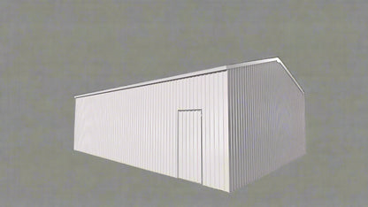 Double steel garage with roll-up doors, outdoor view

Interior view of metal garage barn frame

Roll-up electric overhead doors included in garage

Galvanized steel shed for vehicle and farm storage

Multiple-size all-weather garage options