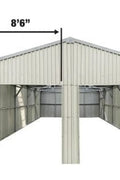 Double steel garage with roll-up doors, outdoor view

Interior view of metal garage barn frame

Roll-up electric overhead doors included in garage

Galvanized steel shed for vehicle and farm storage

Multiple-size all-weather garage options