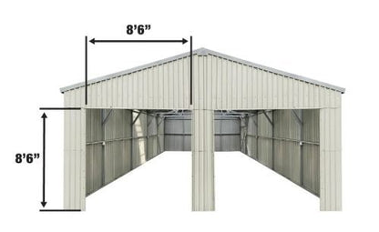 Double steel garage with roll-up doors, outdoor view

Interior view of metal garage barn frame

Roll-up electric overhead doors included in garage

Galvanized steel shed for vehicle and farm storage

Multiple-size all-weather garage options