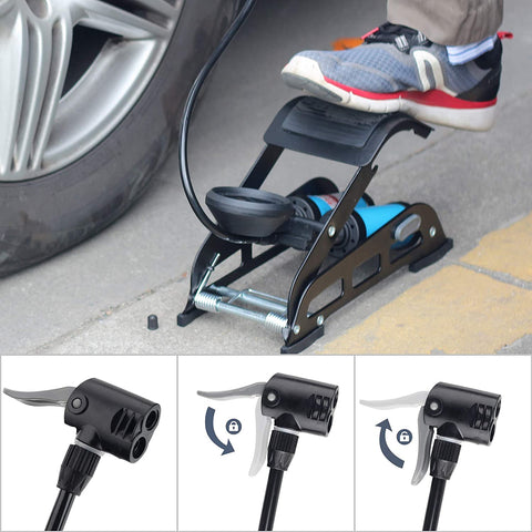 High-pressure foot pump with 3 nozzles for bikes, balls, inflatables