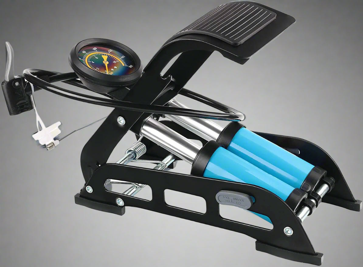 Dual cylinder bike foot pump with 160 PSI pressure and built-in gauge
