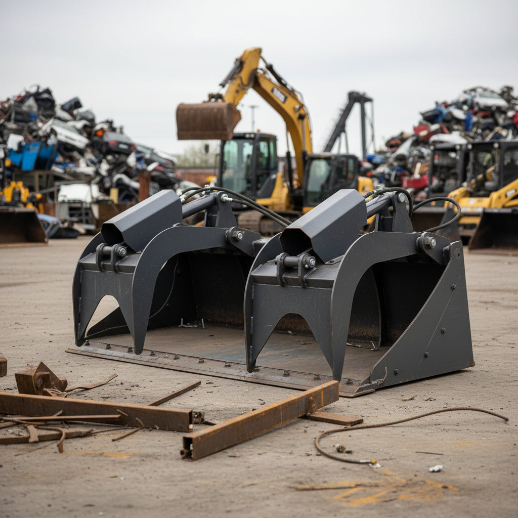 Dual cylinder scrap grapple for skid steer

Heavy-duty skid steer attachment with open side design

Top view of 85" grapple bucket with reinforced build

Grapple arms closed over large debris


