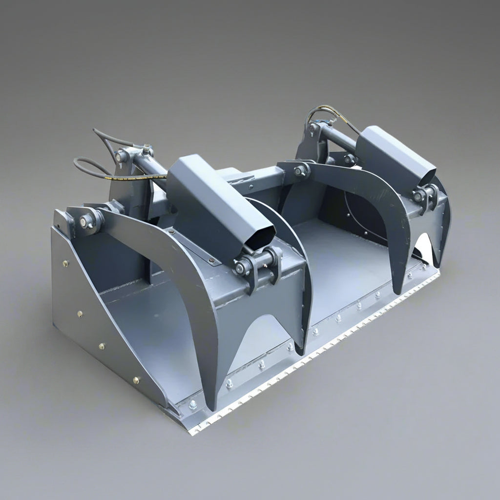 Dual cylinder scrap grapple for skid steer

Heavy-duty skid steer attachment with open side design

Top view of 85" grapple bucket with reinforced build

Grapple arms closed over large debris

