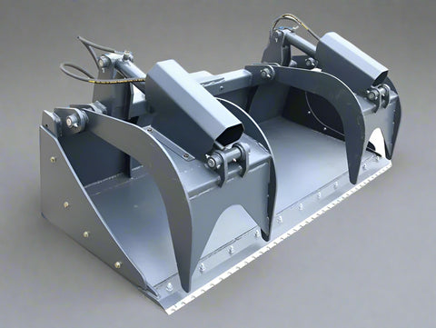 Dual cylinder scrap grapple for skid steer

Heavy-duty skid steer attachment with open side design

Top view of 85" grapple bucket with reinforced build

Grapple arms closed over large debris

