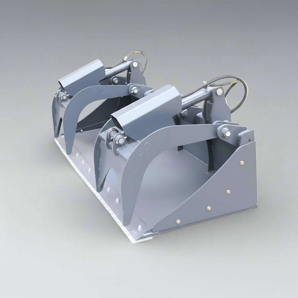 Dual cylinder scrap grapple for skid steer

Heavy-duty skid steer attachment with open side design

Top view of 85" grapple bucket with reinforced build

Grapple arms closed over large debris

