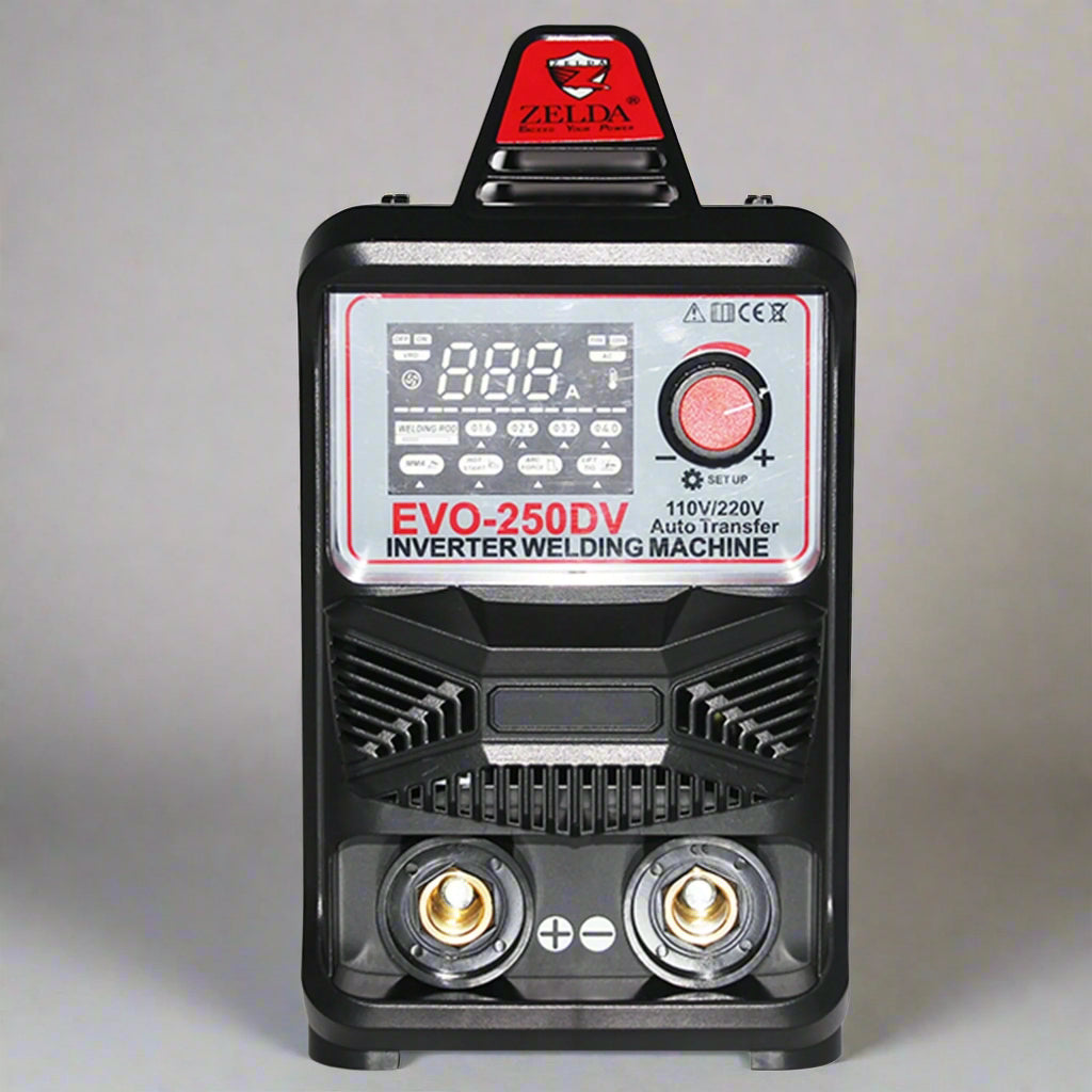 Close-up of LCD control panel on EVO250DV welding machine