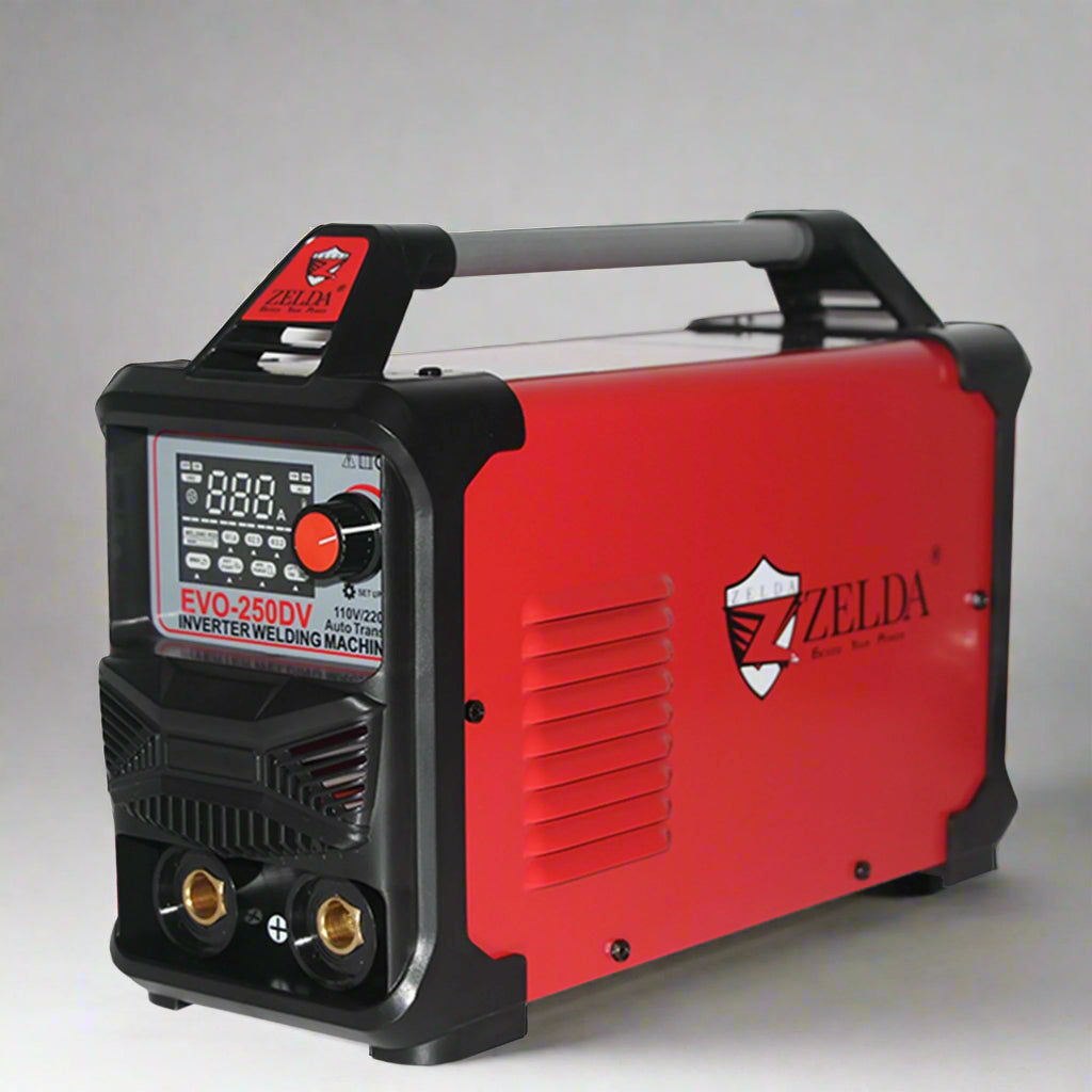 Portable EVO250DV welder side view showing compact design and vents