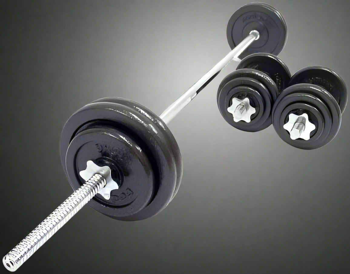 110 lb adjustable dumbbell and barbell set with plastic storage box

Spinlock dumbbell and barbell kit for home gym strength training

Full dumbbell and barbell setup with weight plates and connector bar

Home gym weight set with interchangeable dumbbell and barbell configuration