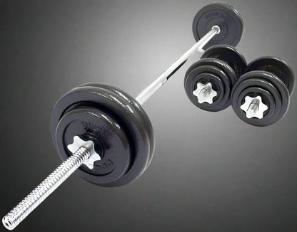 110 lb adjustable dumbbell and barbell set with plastic storage box

Spinlock dumbbell and barbell kit for home gym strength training

Full dumbbell and barbell setup with weight plates and connector bar

Home gym weight set with interchangeable dumbbell and barbell configuration