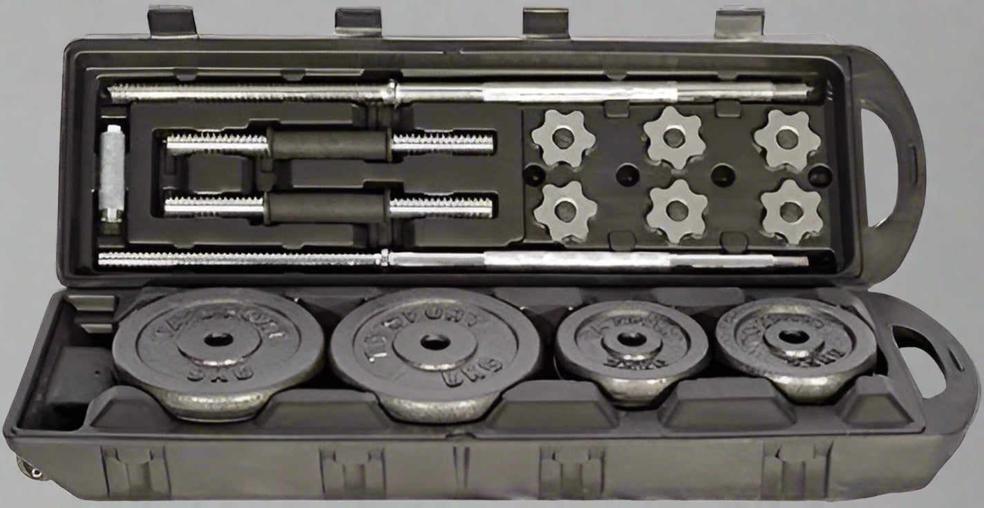 110 lb adjustable dumbbell and barbell set with plastic storage box

Spinlock dumbbell and barbell kit for home gym strength training

Full dumbbell and barbell setup with weight plates and connector bar

Home gym weight set with interchangeable dumbbell and barbell configuration