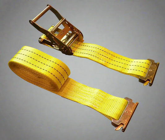 E-track yellow ratchet strap with metal hooks

10-pack bundle of E-track cargo tie-down straps

Close-up of E-track hook fittings and ratchet mechanism