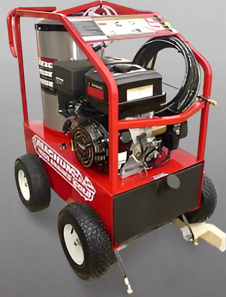 Easy-Kleen 4000 PSI hot water pressure washer – front view

Heavy-duty gas engine pressure washer with wheels

Industrial-grade red steel frame washer with control panel

Portable hot water pressure washer for outdoor use

Easy-Kleen 15HP pressure washer for commercial cleaning