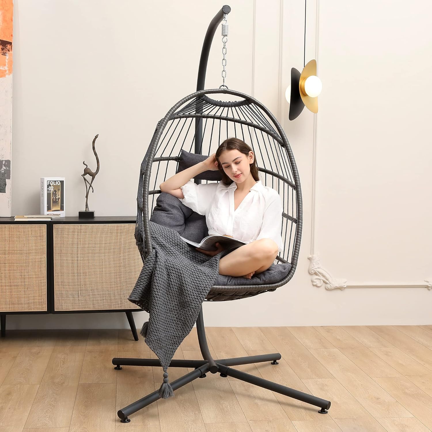 "Dark Gray Hanging Egg Chair with Stand for Patio"

"Indoor Outdoor Egg Chair Swing 350 lbs Capacity"

"Weather Resistant Egg Chair for Garden"

"Comfortable Egg Chair with Cushion and Stand"

"Modern Patio Furniture Hanging Egg Chair"