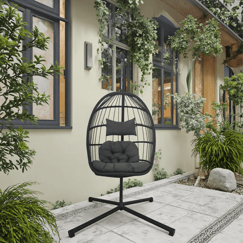 "Dark Gray Hanging Egg Chair with Stand for Patio"

"Indoor Outdoor Egg Chair Swing 350 lbs Capacity"

"Weather Resistant Egg Chair for Garden"

"Comfortable Egg Chair with Cushion and Stand"

"Modern Patio Furniture Hanging Egg Chair"