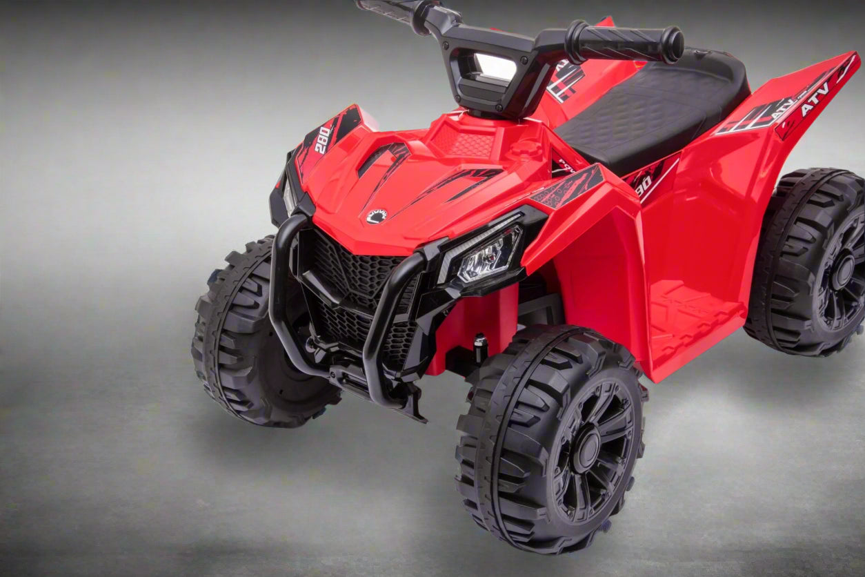Red 6V ride-on ATV for toddlers aged 1–2

Side view of toddler 6V electric quad bike

Rear view of toddler ride-on ATV with footrests

Compact 6V rechargeable ATV for kids

Children’s electric ATV with wear-resistant tires

